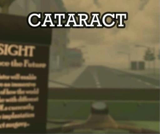 InSight simulator view of cataract vision — an amber-washed, blurred street scene from the IOL comparison drive