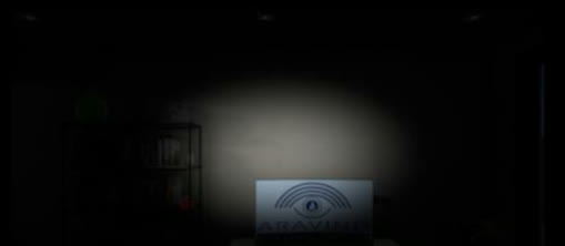 InSight simulator view of glaucoma tunnel vision — a darkened room with only a small central patch visible